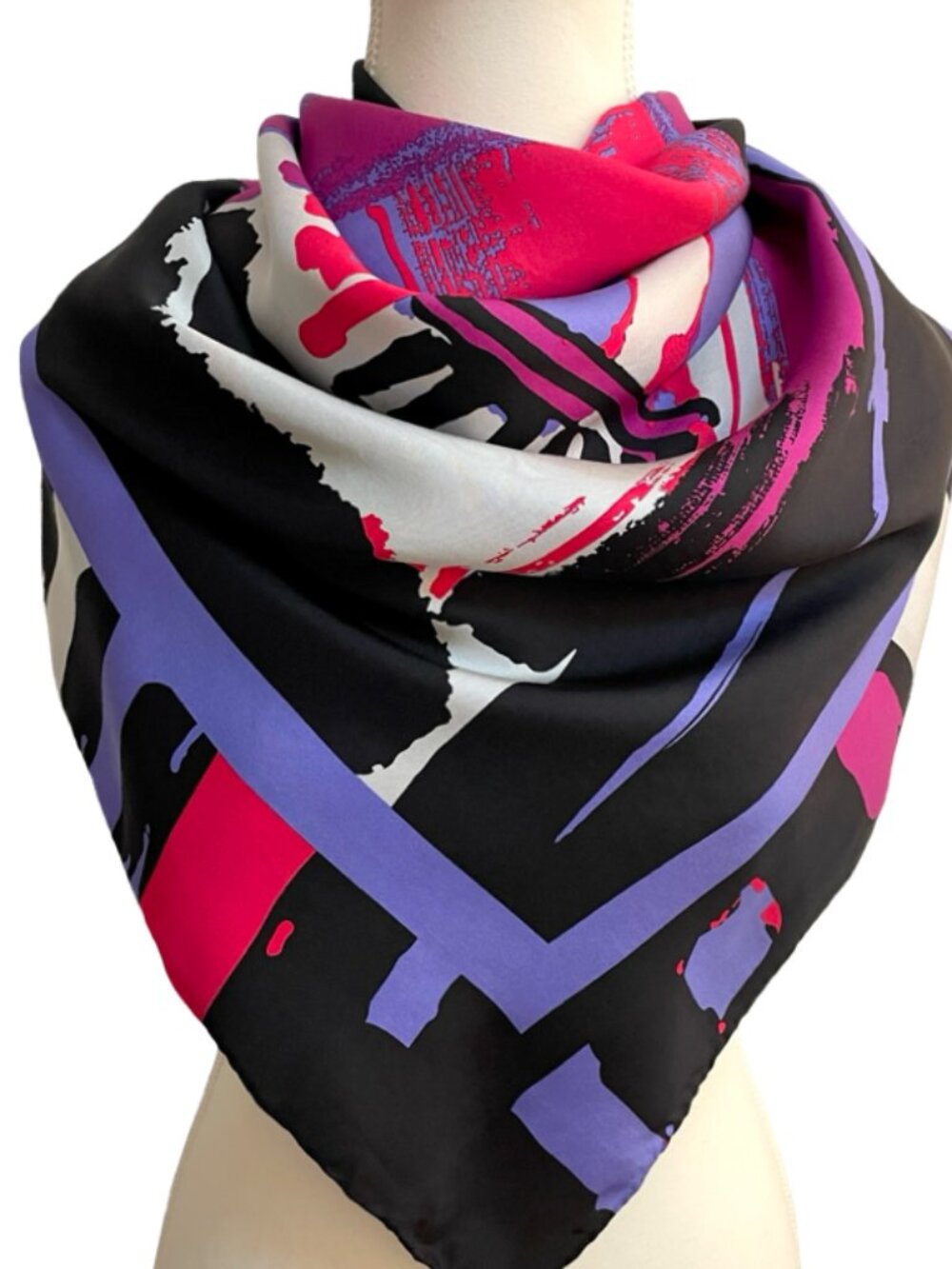 Caloleync 100% Silk Hand Rolled Square Scarf Pink Purple Black Abstract 42 x 43
